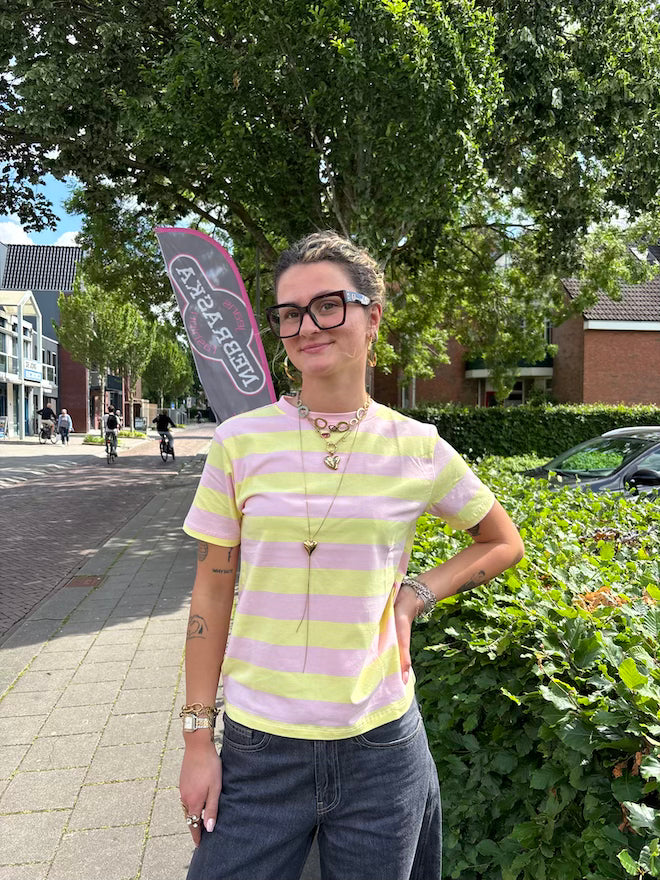 Streepshirt roze geel