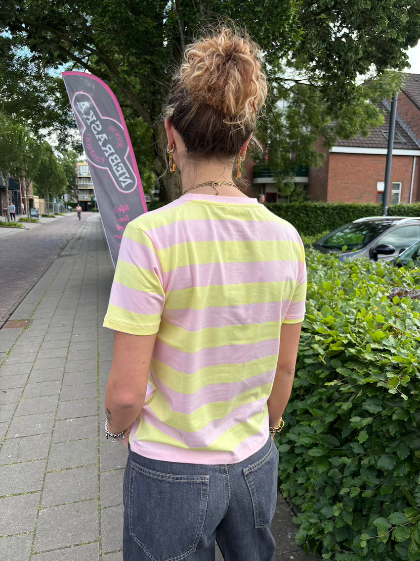 Streepshirt roze geel