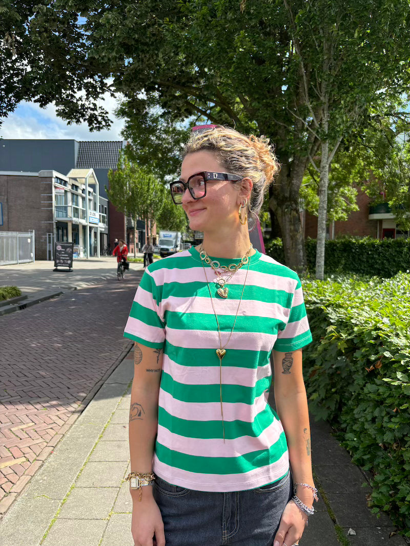 Streepshirt groen roze
