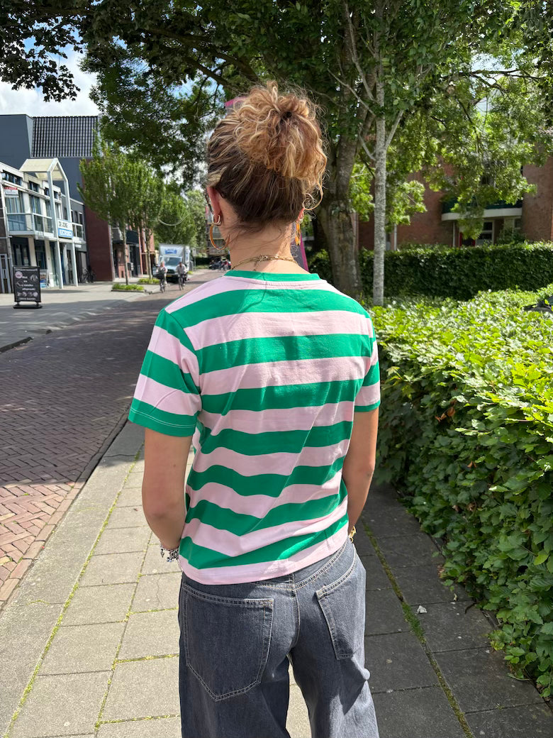 Streepshirt groen roze