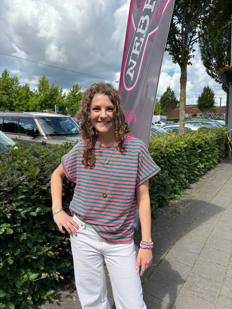 Streep shirt groen/roze