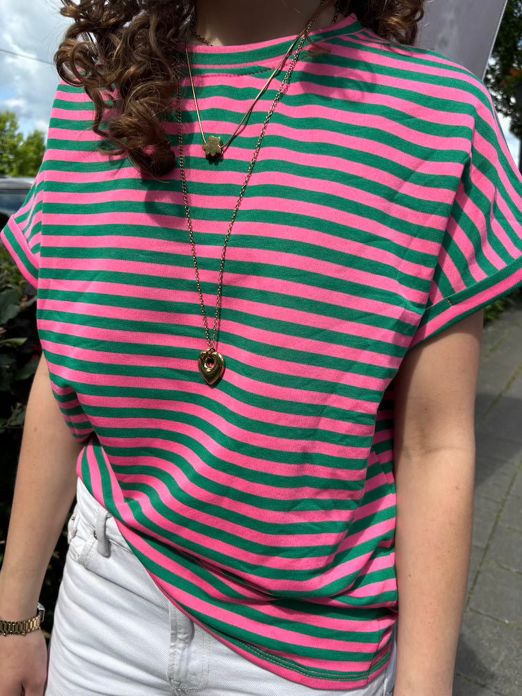 Streep shirt groen/roze