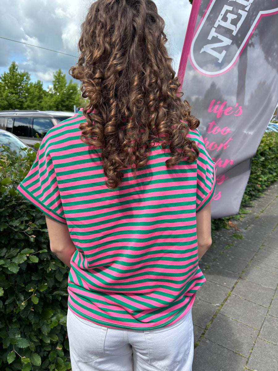 Streep shirt groen/roze