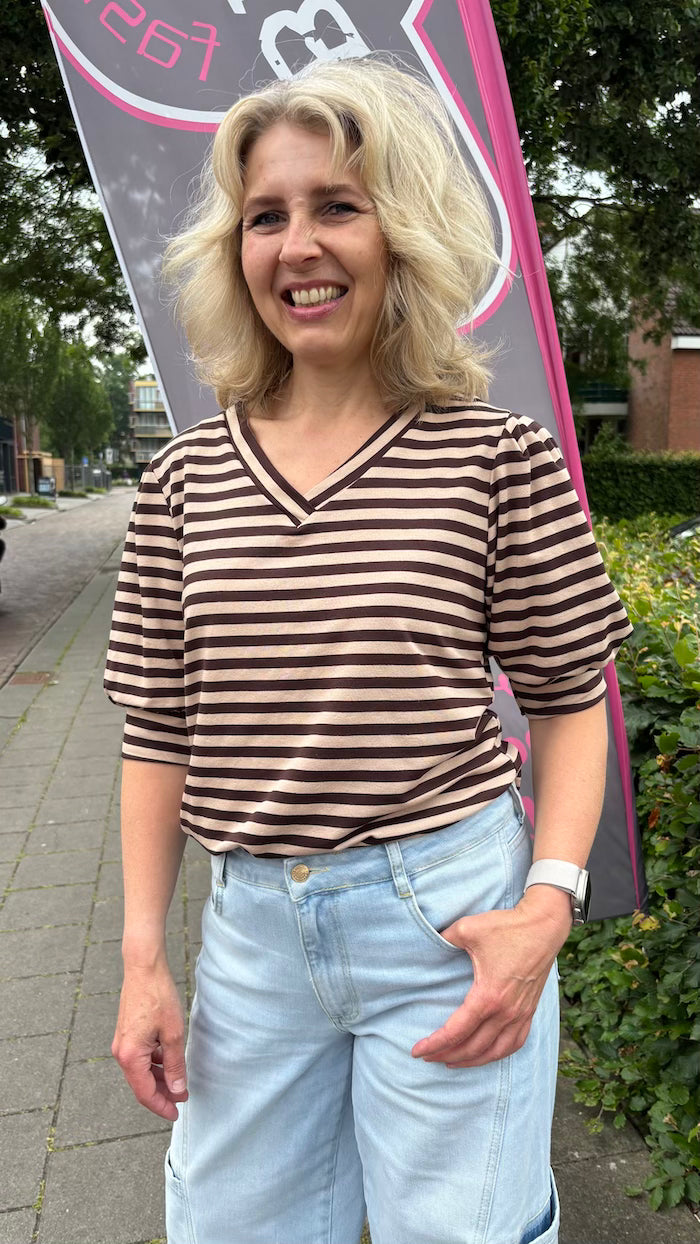Top Streep V-hals bruin/beige