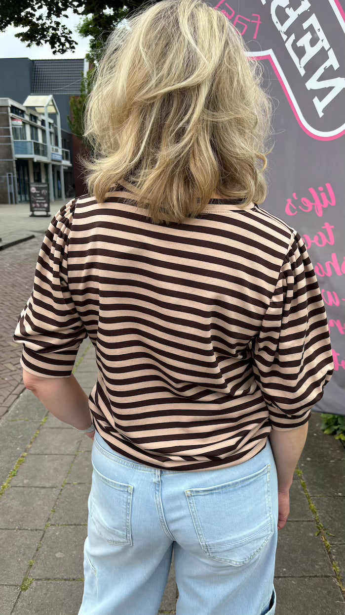 Top Streep V-hals bruin/beige