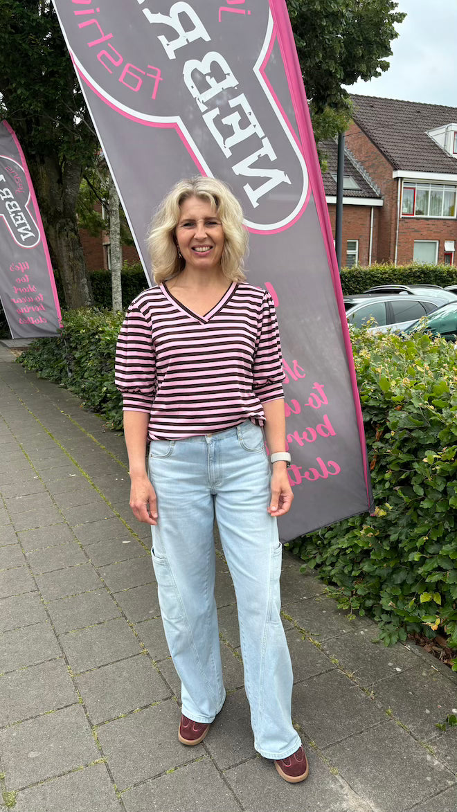 Top Streep V-hals roze/bruin