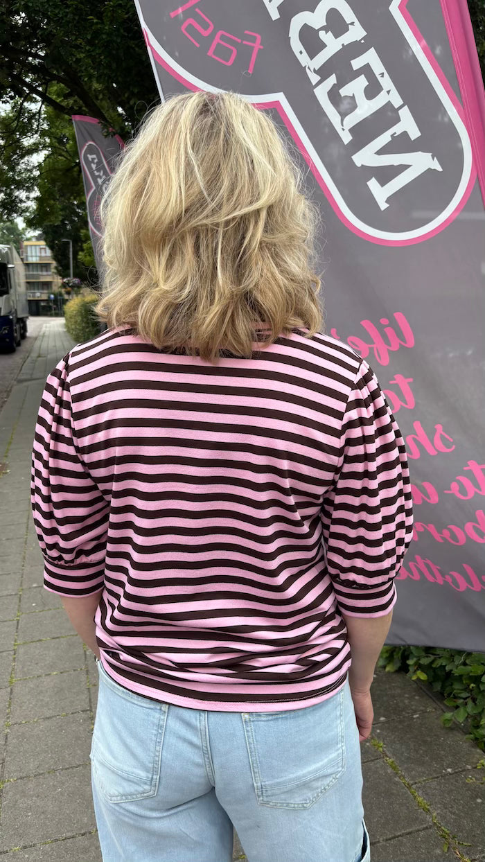 Top Streep V-hals roze/bruin