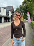 V-neck shirt met kanten hals bruin