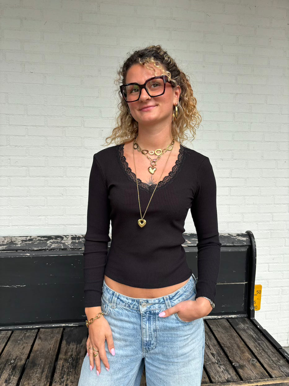 V-neck shirt met kanten hals zwart