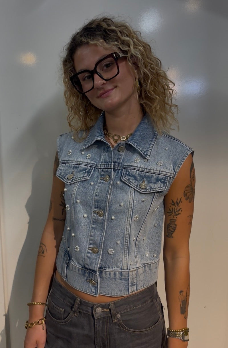 Denim gilet met parels