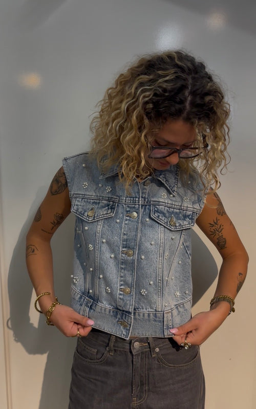 Denim gilet met parels