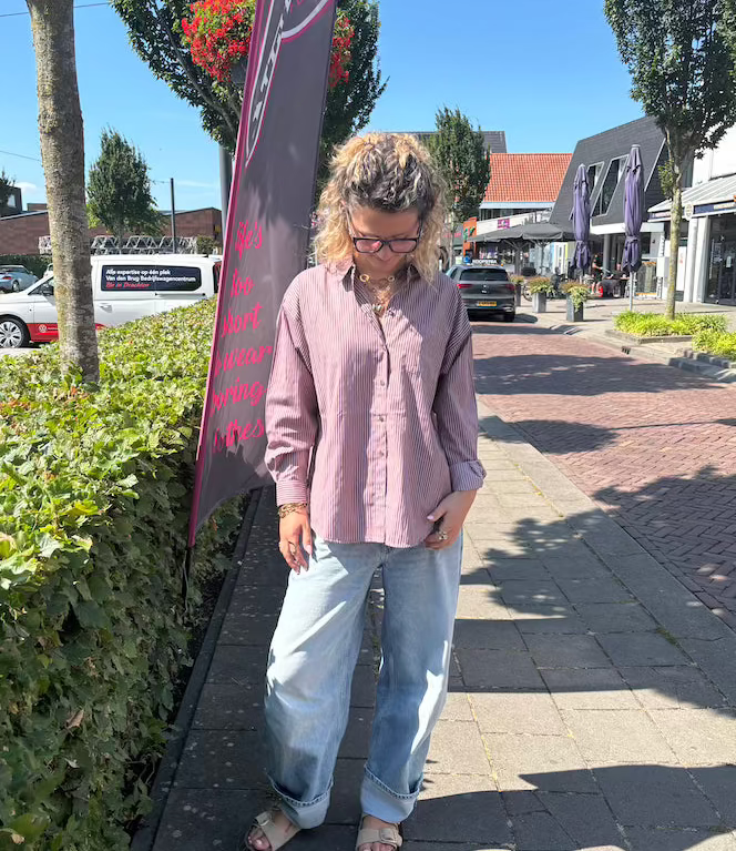 Streep blouse bruin/roze
