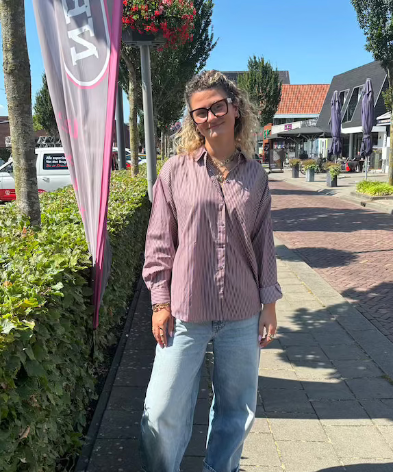 Streep blouse bruin/roze