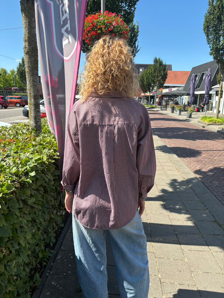 Streep blouse bruin/roze