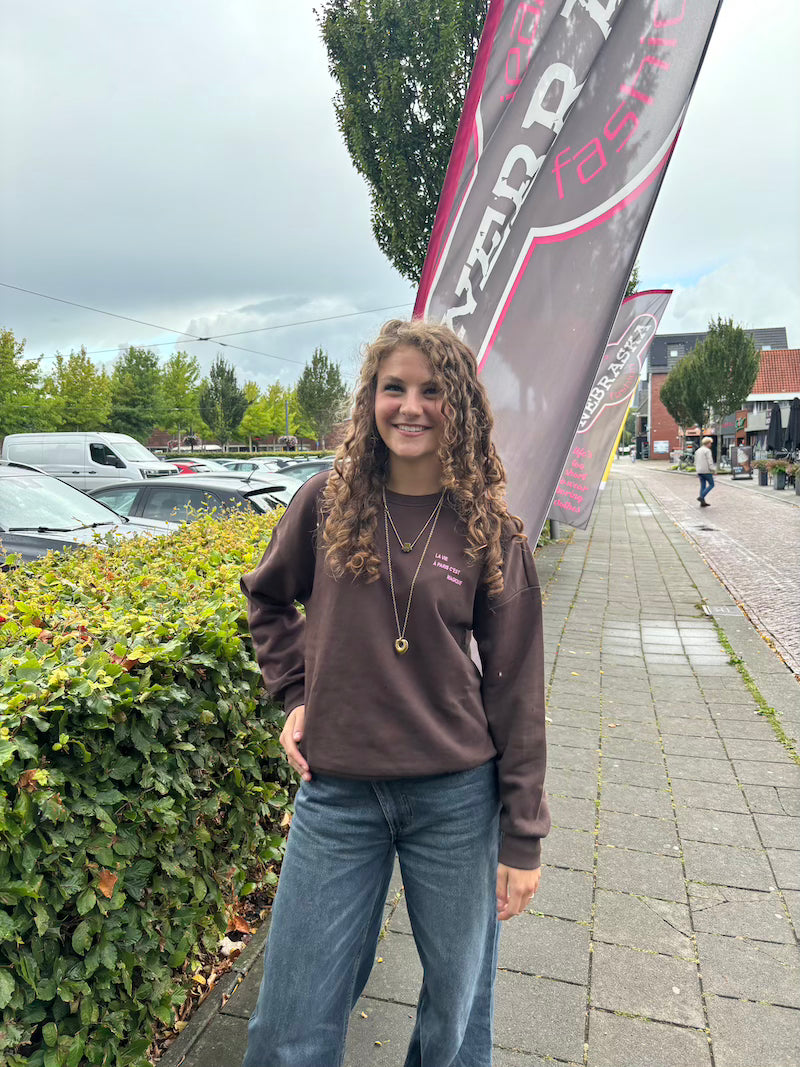 Boxy sweater met borduursel bruin