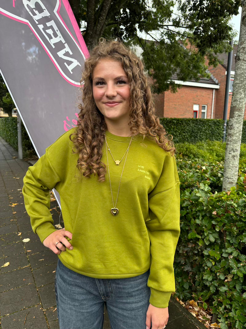 Boxy sweater met borduursel groen