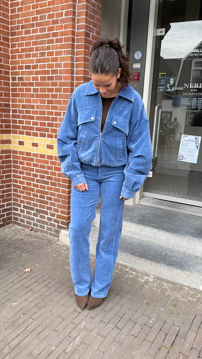 Straight pants velours blauw