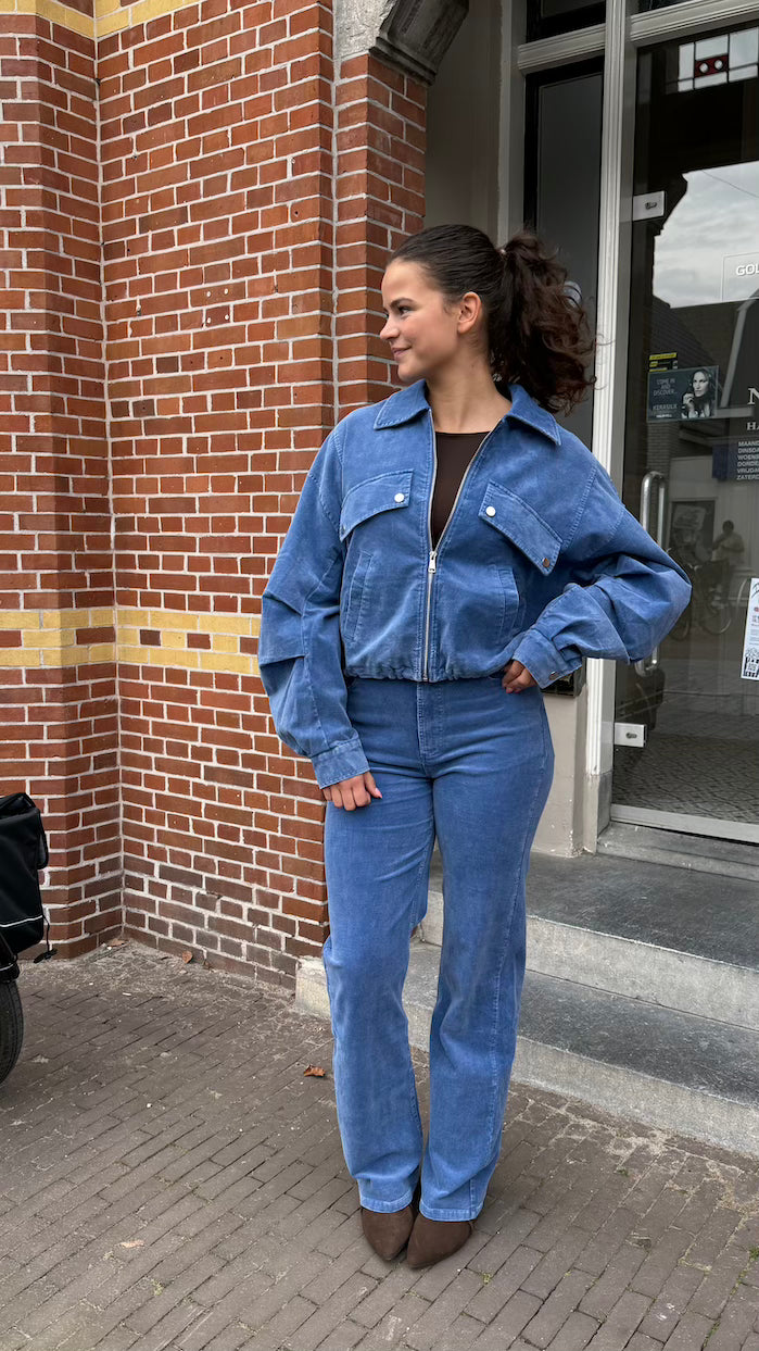 Straight pants velours blauw