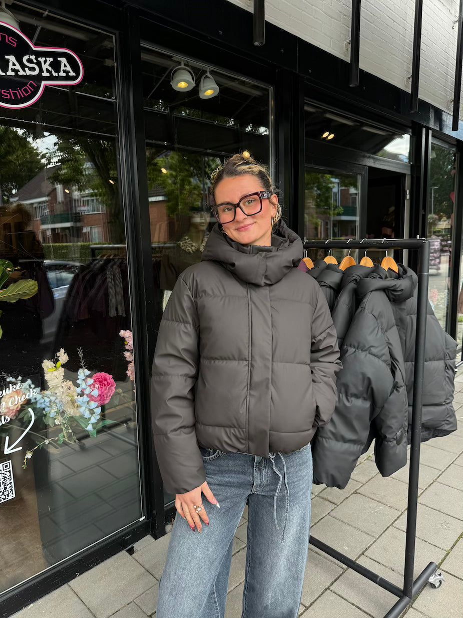 Coated puffer jas donkerbruin
